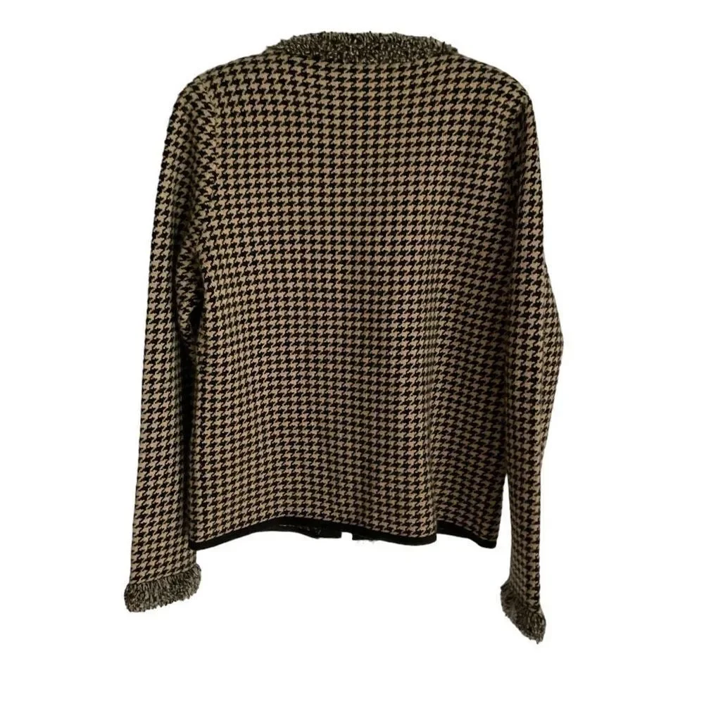 Belford Cardigan Cashmere Black Tan Houndstooth Loop Fringe Trim Zip Front Large